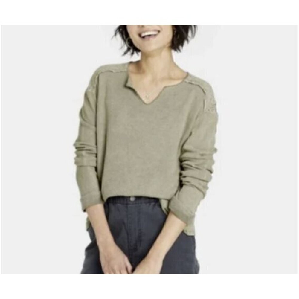Knox Rose Top Womens Large Waffle Knit Thermal Long Sleeve Lace Detail Green